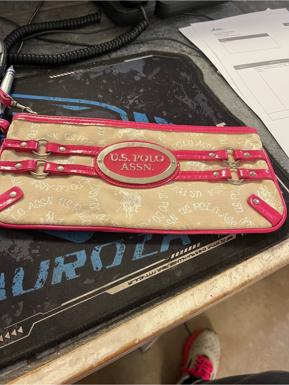 U.S. Polo Assn. Beige Canvas Wristlet with Pink Trim